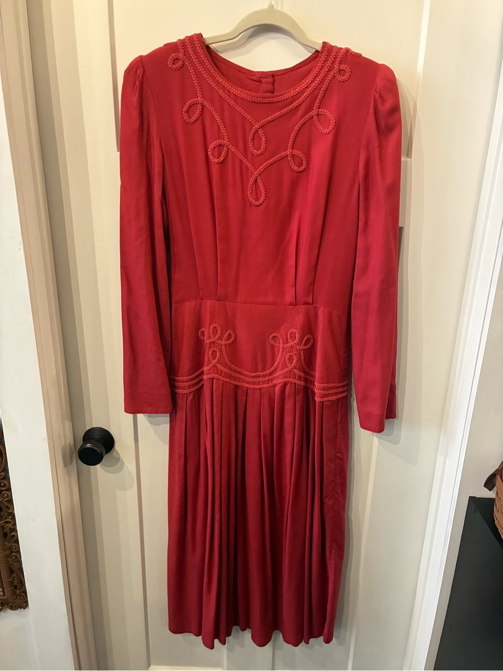 Women's Red Midi Dress with Beaded Trim